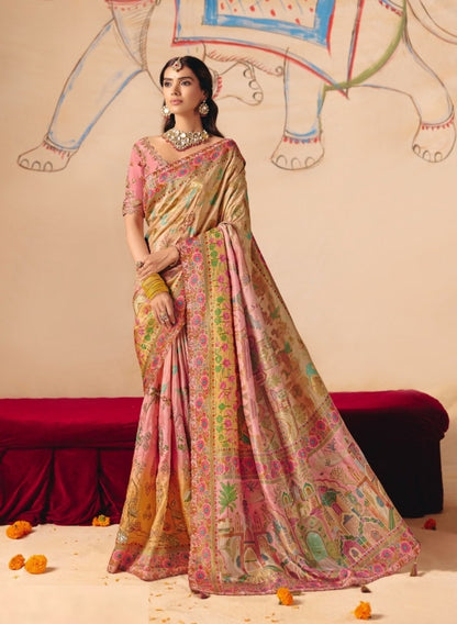 Avant-Garde Light Beige Dola Zari Silk Bridal Saree
