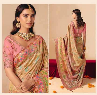Avant-Garde Light Beige Dola Zari Silk Bridal Saree