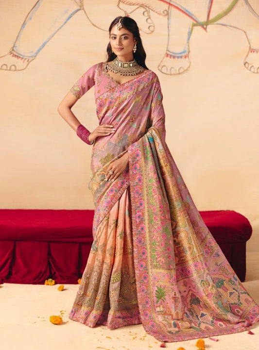 Beautiful Light Pink Dola Zari Silk Bridal Saree