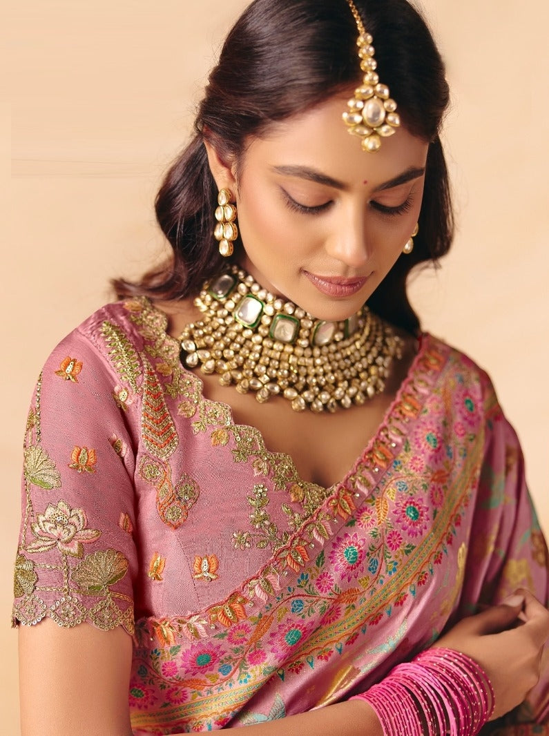 Beautiful Light Pink Dola Zari Silk Bridal Saree