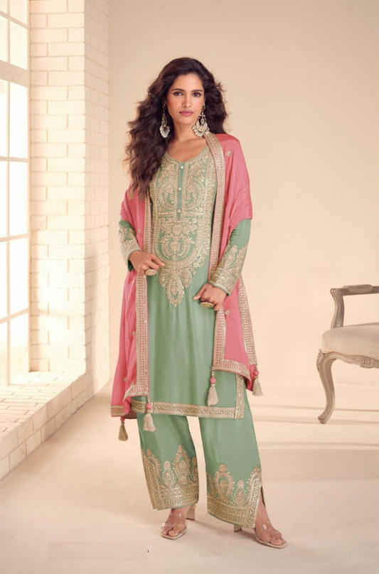 Women Sea Green Chinon Pant Bottom Suit Set