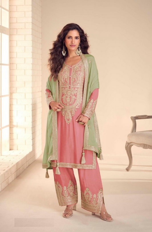 Women Pink Chinon Pant Bottom Suit Set