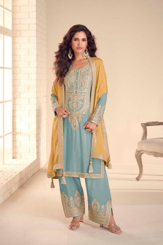 Women Steel Blue Chinon Pant Bottom Suit Set