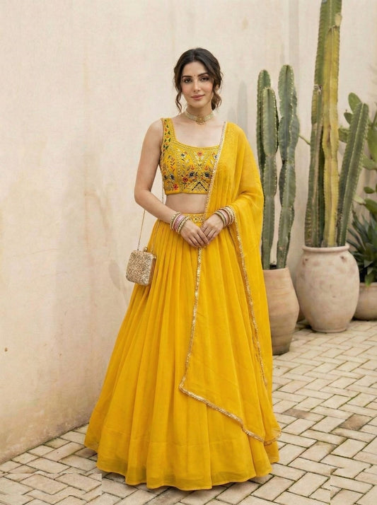 Women Mustard Georgette Stylish Lehenga