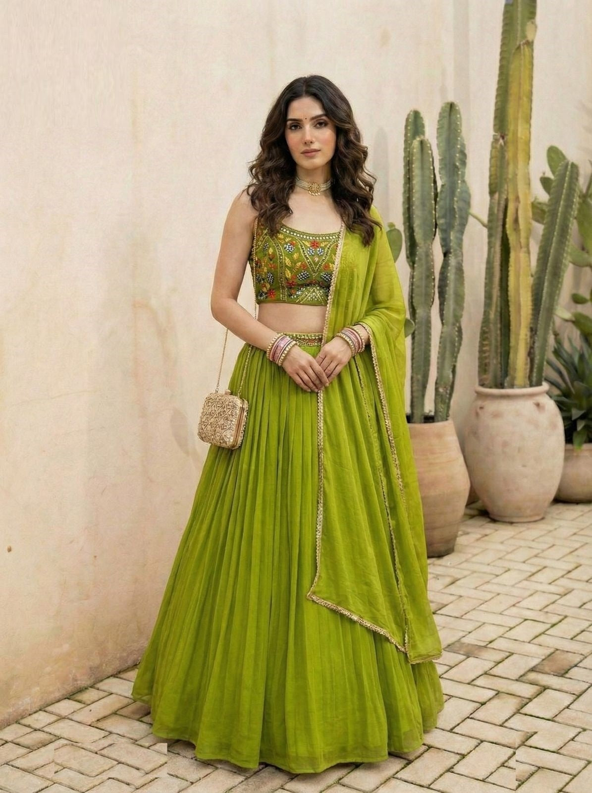 Women Green Georgette Stylish Lehenga