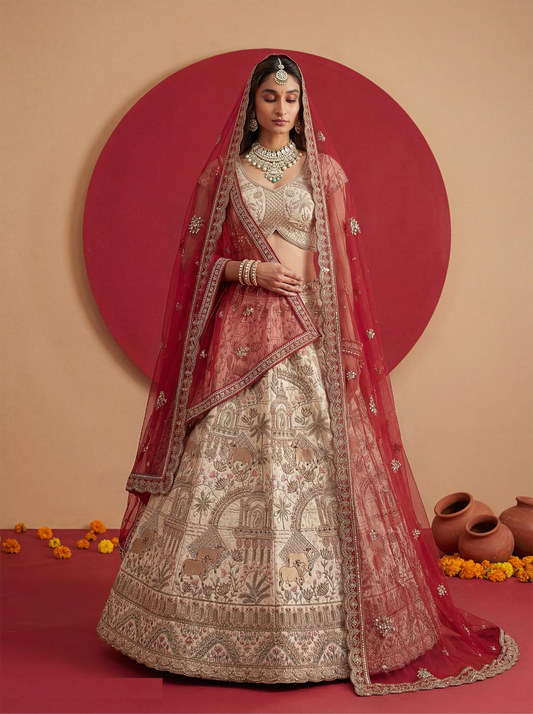 Tailored Off White Silk Bridal Lehenga