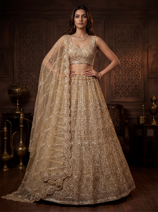 Stunnig Light Beige Net Bridal Lehenga