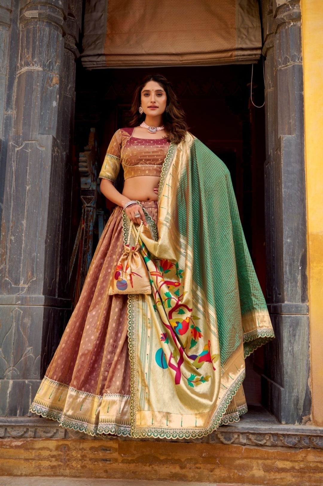 Women Brown Shimmer Organza Paithani Silk Lehenga