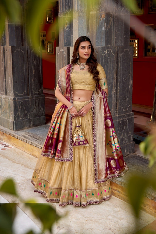 Women Beige Shimmer Organza Paithani Silk Lehenga