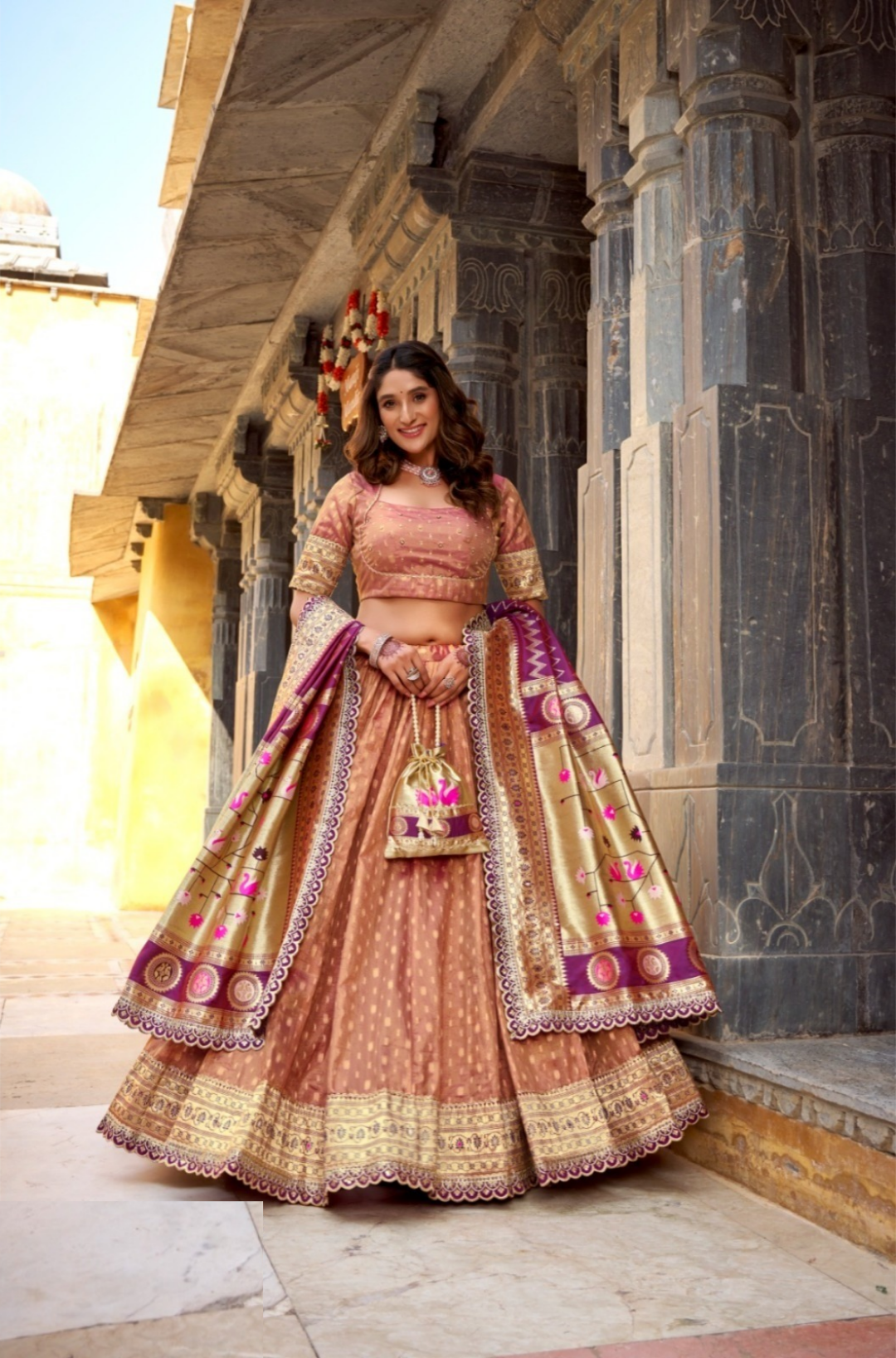 Women Peach Shimmer Organza Paithani Silk Lehenga