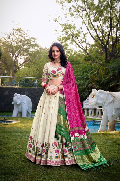 Women Off White Khadi Cotton Traditional Lehenga