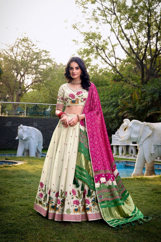 Women Off White Khadi Cotton Traditional Lehenga
