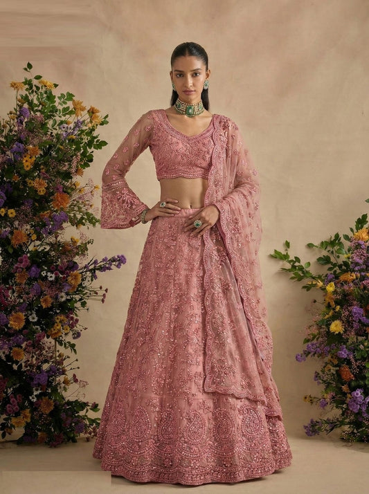 Sumptuous Powder Pink Net With Embroidery Work Reception Lehenga