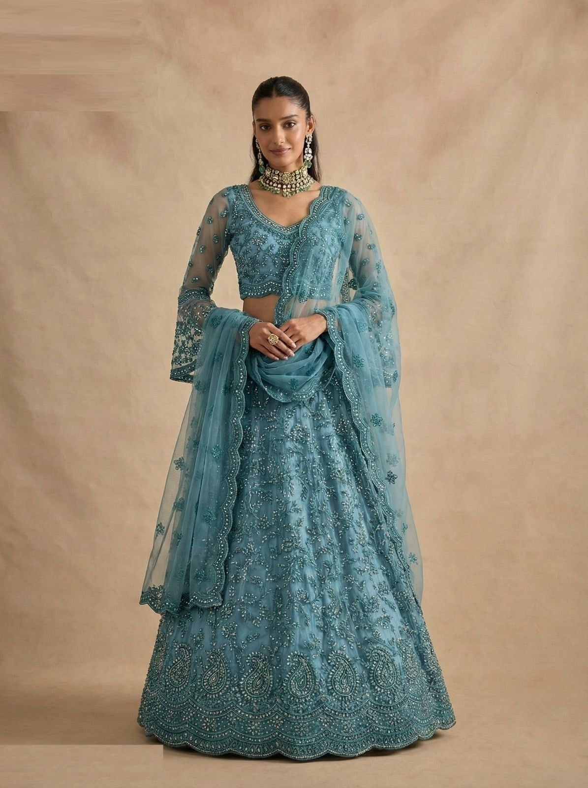 Statement-Making Blue Net With Embroidery Work Reception Lehenga