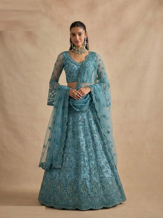 Statement-Making Blue Net With Embroidery Work Reception Lehenga