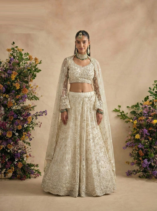 Tailored-To-Perfection White Net With Embroidery Work Reception Lehenga