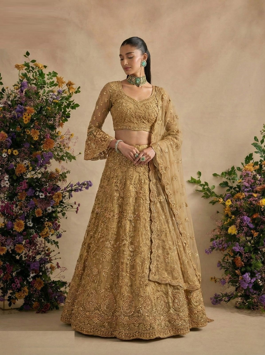 Lustrous Beige Net With Embroidery Work Reception Lehenga