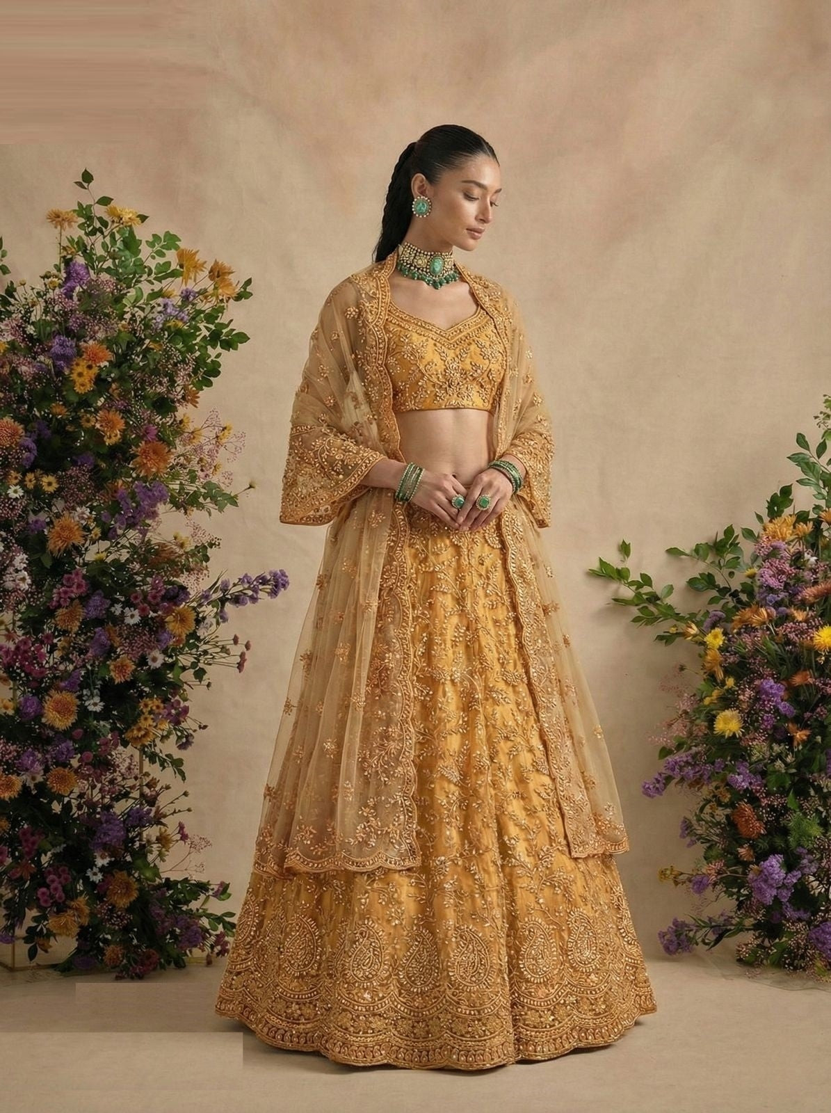 Iconic Beige Net With Embroidery Work Reception Lehenga