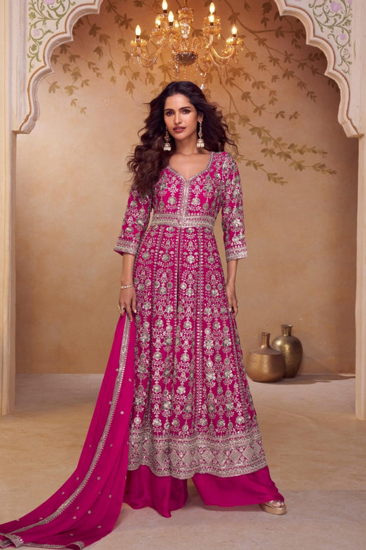 Women Rani Pink Chinon Palazzo Bottom Suit Set