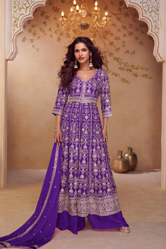 Women Purple Chinon Palazzo Bottom Suit Set