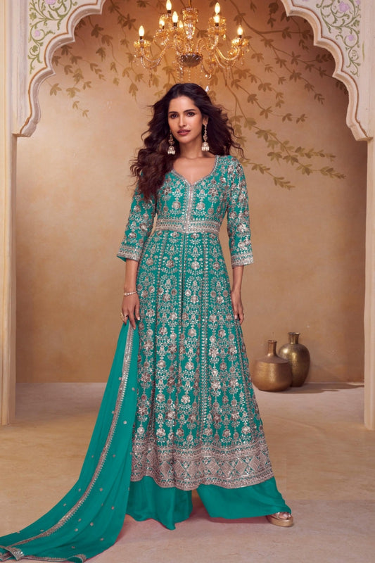 Women Rama Green Chinon Palazzo Bottom Suit Set