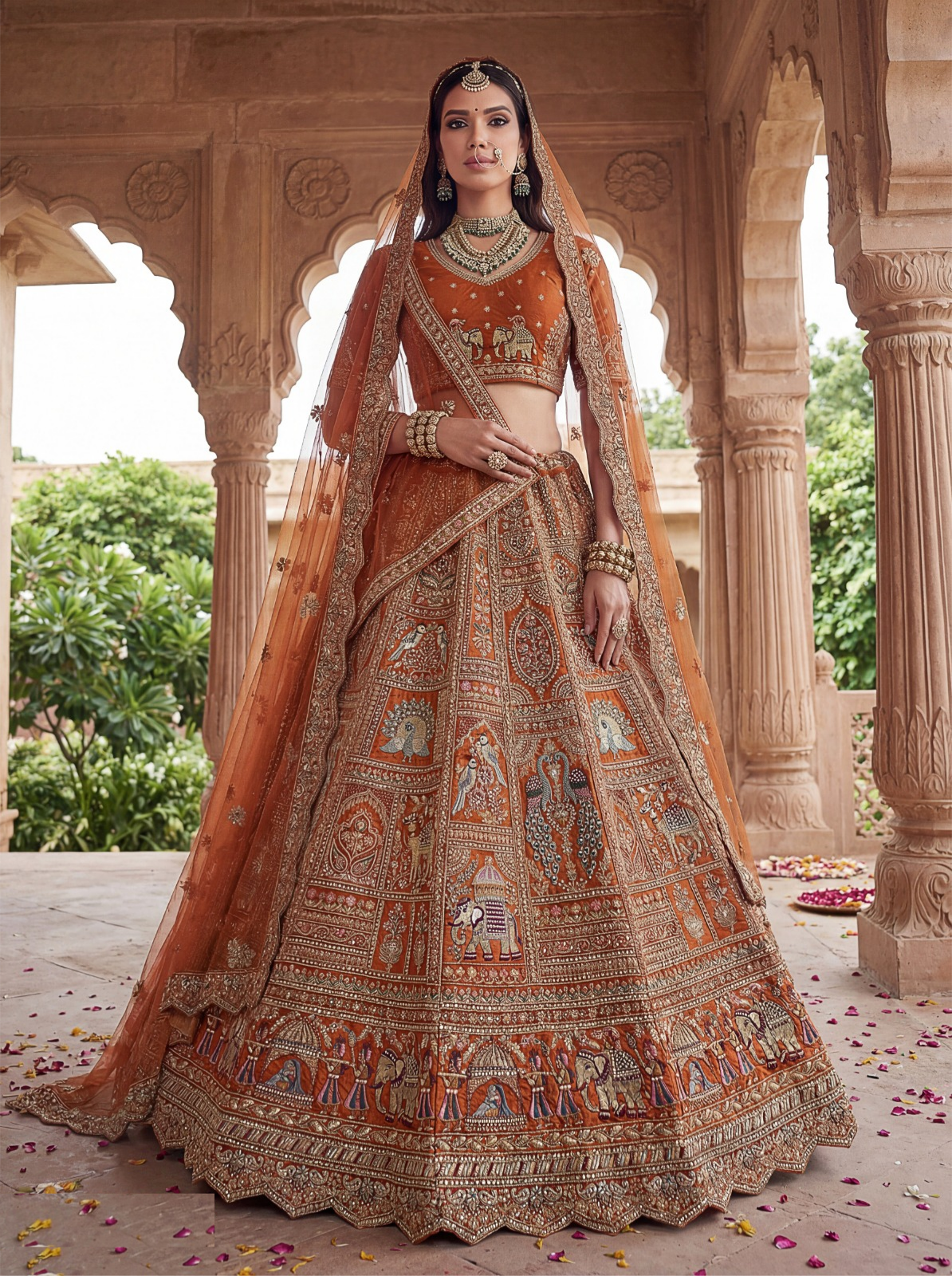 Breathtaking Rust Silk Bridal Lehenga