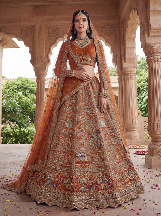 Breathtaking Rust Silk Bridal Lehenga