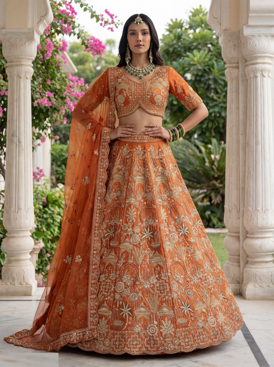 Contemporary Rust Silk Bridal Lehenga