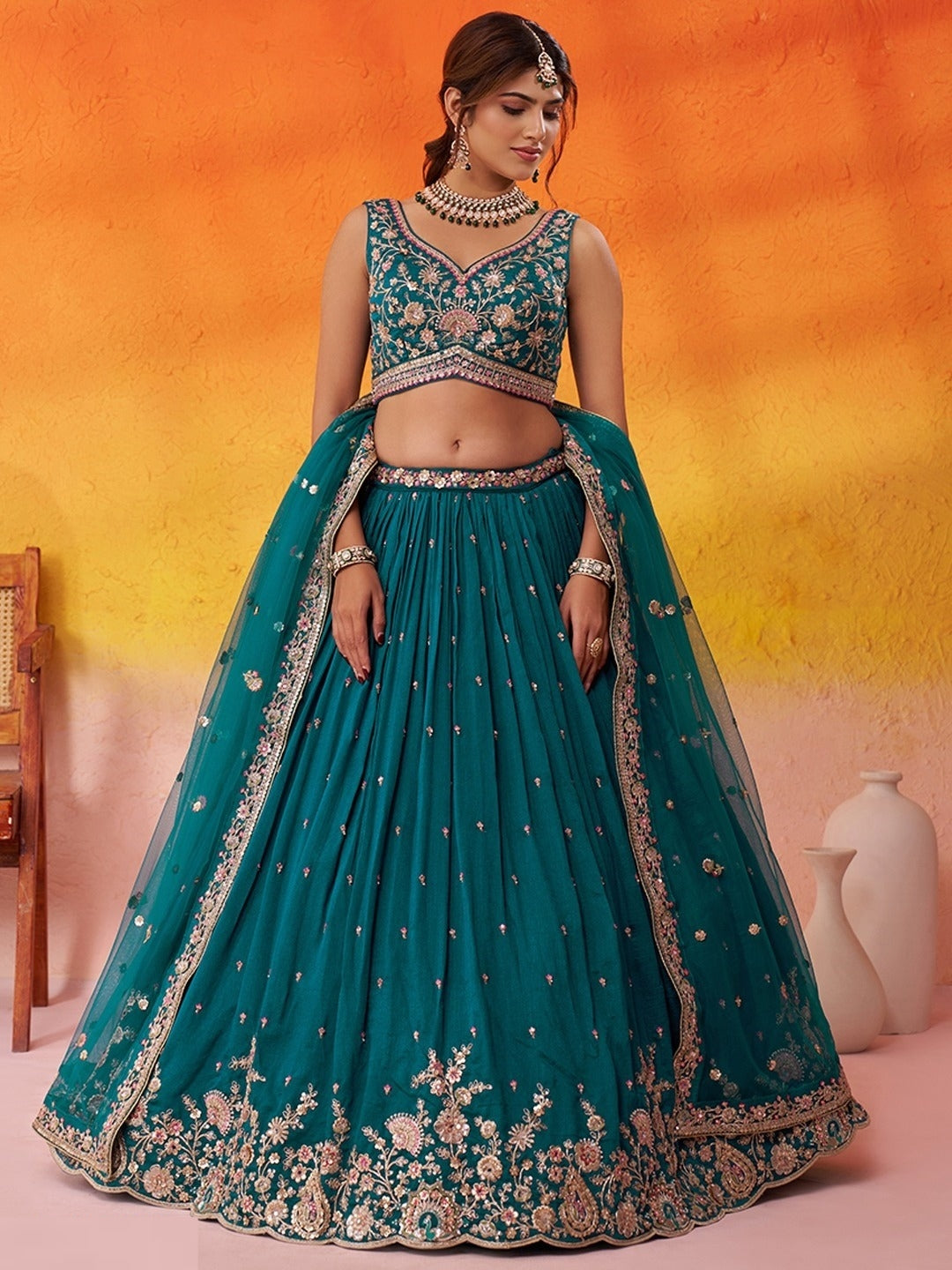Women Teal Georgette Sequins Coding Thread Embroidery Work Bridal Lehenga