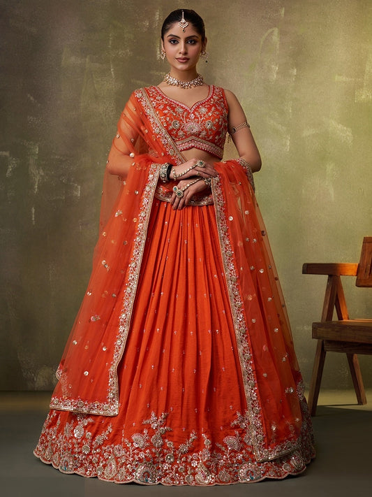 Women Orange Georgette Sequins Coding Thread Embroidery Work Bridal Lehenga