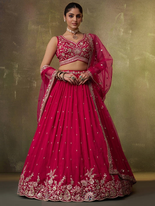 Women Pink Georgette Sequins Coding Thread Embroidery Work Bridal Lehenga