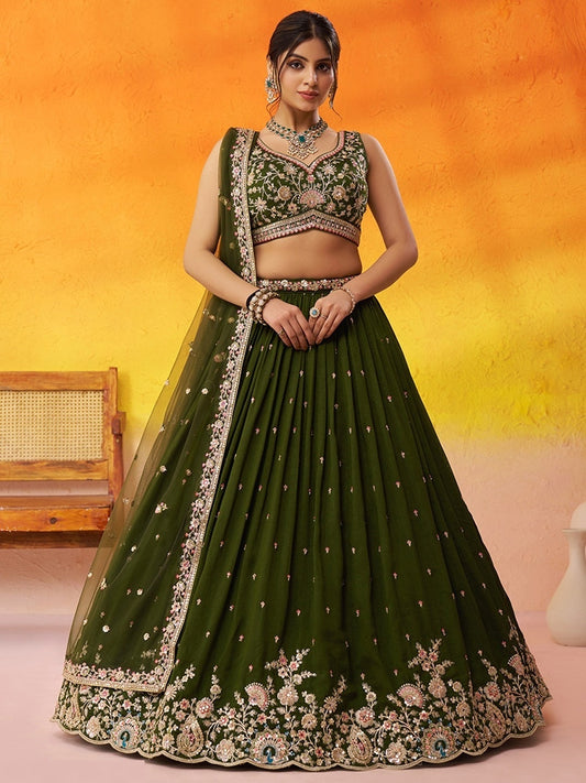 Women Green Georgette Sequins Coding Thread Embroidery Work Bridal Lehenga
