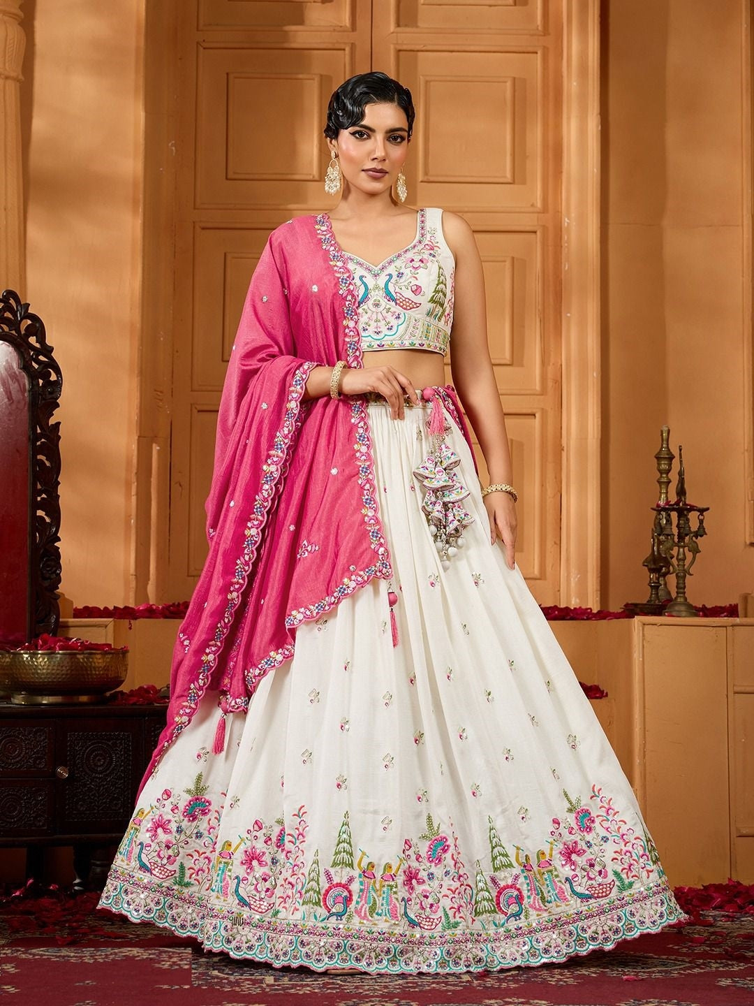 Polished White Silk Sequins With Coding Thread Embroidery Work Bridal Lehenga