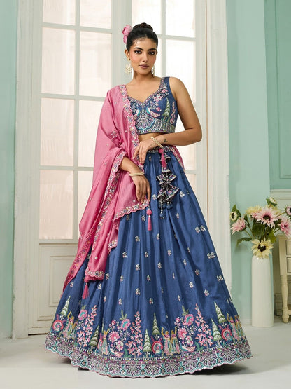 Opulent Blue Silk Sequins With Coding Thread Embroidery Work Bridal Lehenga