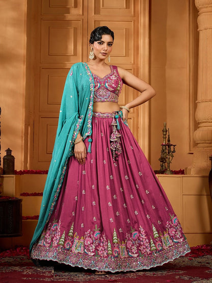 Graceful Pink Silk Sequins With Coding Thread Embroidery Work Bridal Lehenga