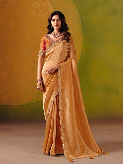 Captivating Orange Jacquard Silk Zari With Fancy Work Border Boutique Style Saree