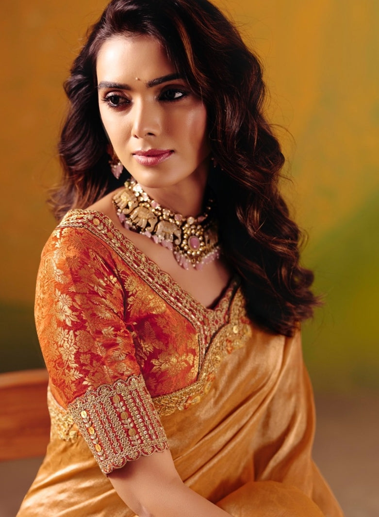 Captivating Orange Jacquard Silk Zari With Fancy Work Border Boutique Style Saree