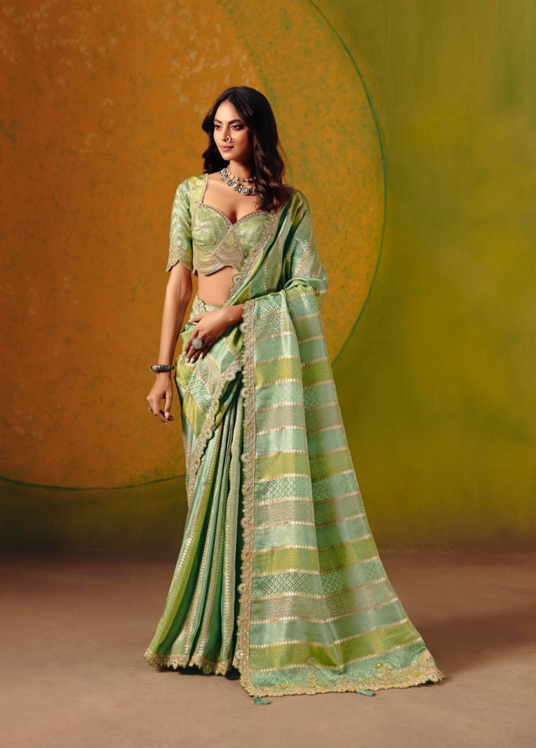 Pretty Green Jacquard Silk Zari With Fancy Work Border Boutique Style Saree