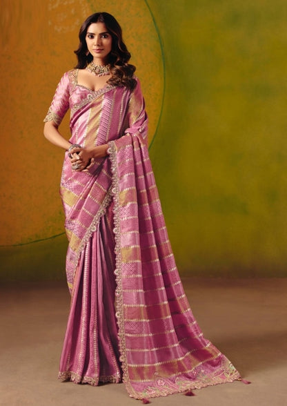 Charming Pink Jacquard Silk Zari With Fancy Work Border Boutique Style Saree