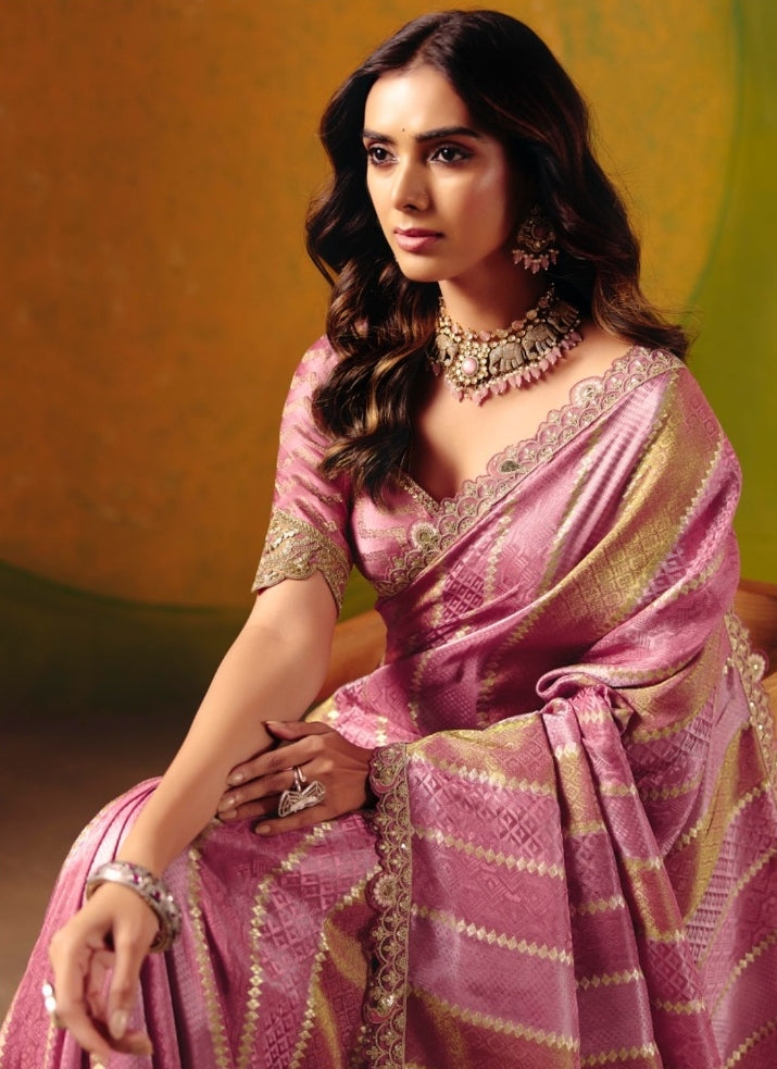 Charming Pink Jacquard Silk Zari With Fancy Work Border Boutique Style Saree