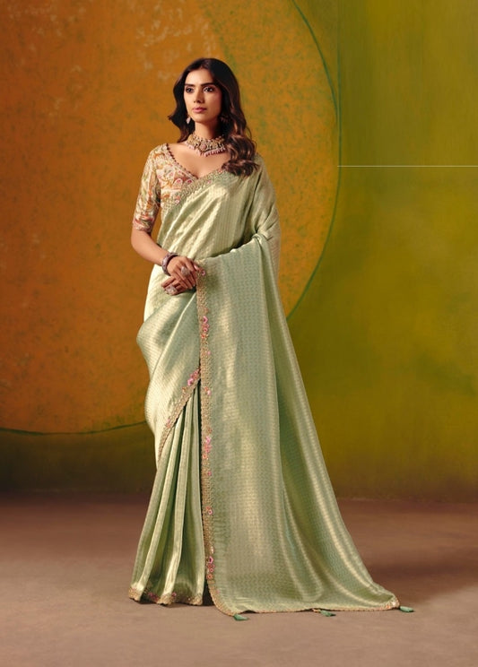 Comfy Pista Green Jacquard Silk Zari With Fancy Work Border Boutique Style Saree