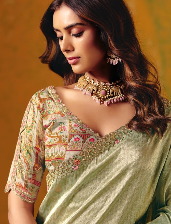 Comfy Pista Green Jacquard Silk Zari With Fancy Work Border Boutique Style Saree