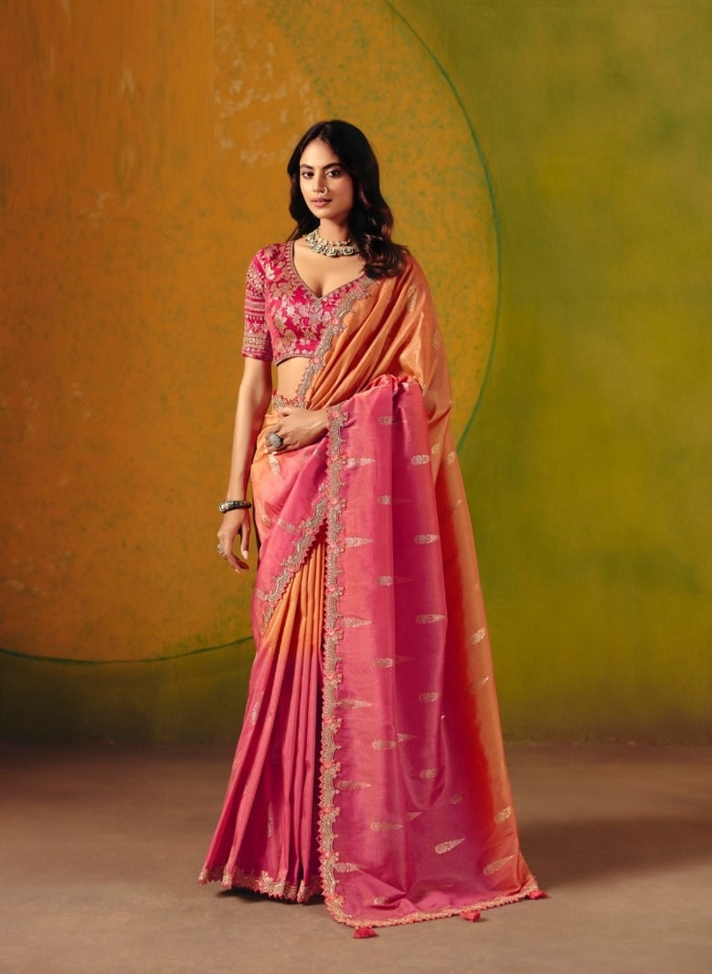 Magnificent Pink Jacquard Silk Zari With Fancy Work Border Boutique Style Saree