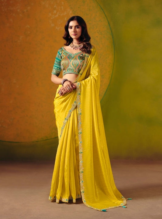 Chic Yellow Jacquard Silk Zari With Fancy Work Border Boutique Style Saree