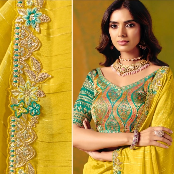Chic Yellow Jacquard Silk Zari With Fancy Work Border Boutique Style Saree