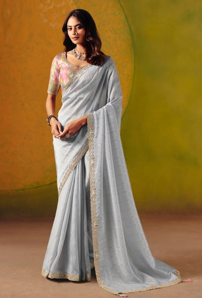 Elegant Steel Blue Jacquard Silk Zari With Fancy Work Border Boutique Style Saree