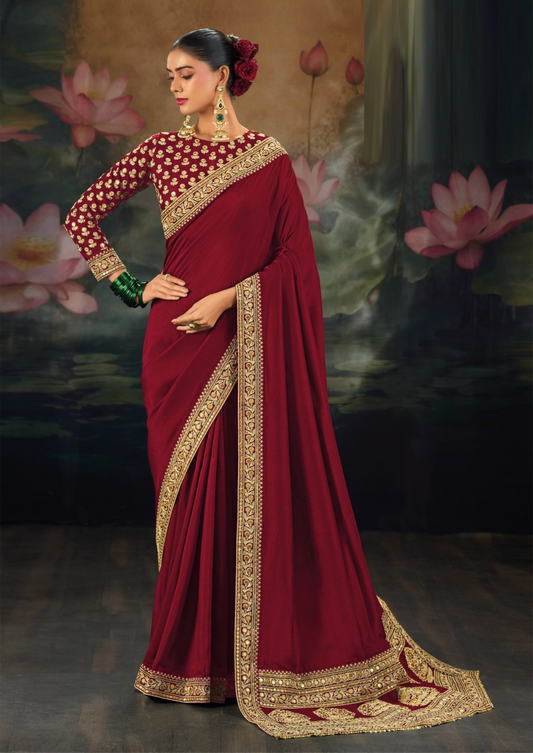 Charming Maroon Pure Muga Silk Bridal Saree