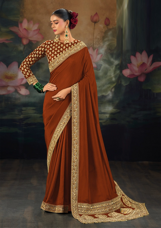 Magnificent Rust Pure Muga Silk Bridal Saree