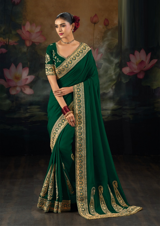 Luxurious Green Pure Muga Silk Bridal Saree