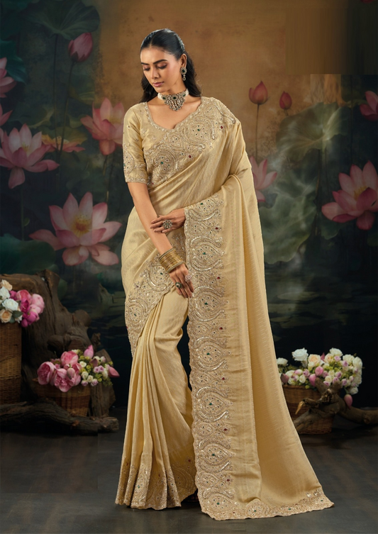 Tailored Beige Pure Kanjivaram Bridal Saree